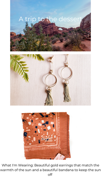 Picture of Arches National Park, Gold Tassle hoop earrings, Screen Printed bandana 