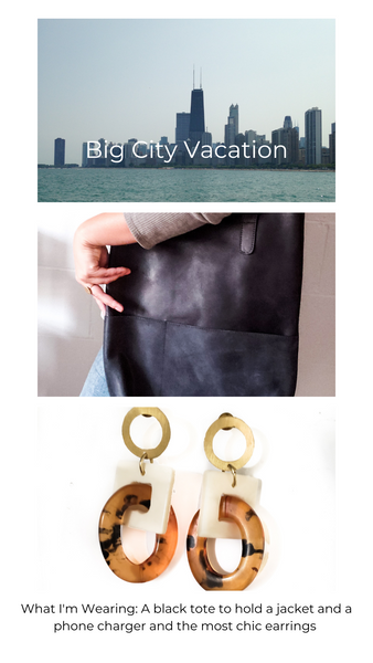 Picture of Chicago along the lake, black leather tote bag, chic earrings 