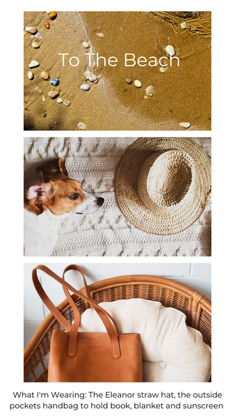 Picture of pebbles on a beach, a beagle and a straw hat, light brown leather tote bag 