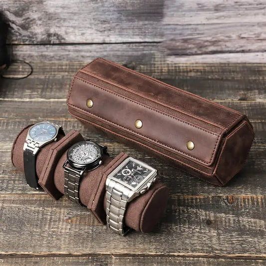 Luxurious vintage watch roll travel case made from genuine leather