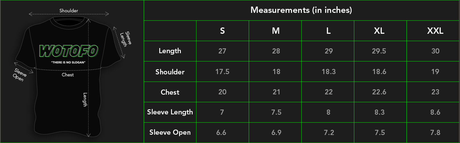 Wotofo Vape T-Shirt Size Guide in inches