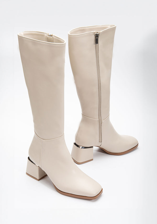 Cream leather knee high clearance boots