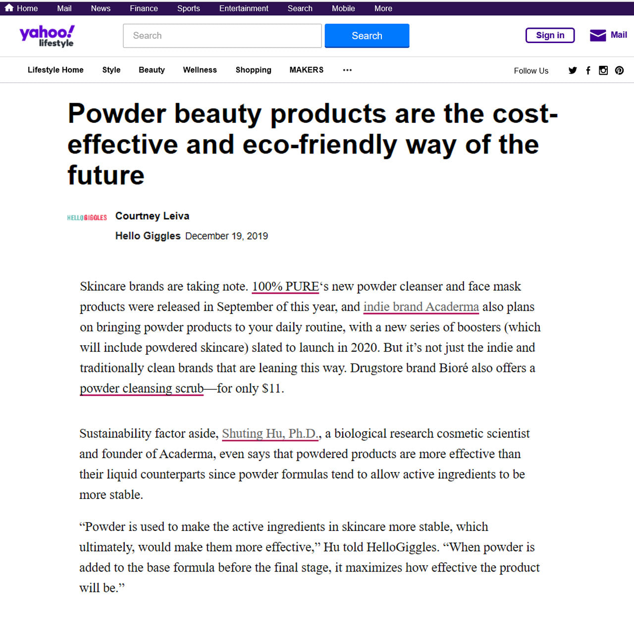 Yahoo Lifestyle Interview About Powder Beauty Products Acaderma Smart Clean And Powerful Skincare