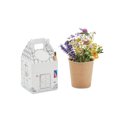 Set de Cultivo para Niñ@s para Personalizar con Semillas de Flores de Miel y Lápiz Multicolor Para Colorear Enbalaje en Forma de Casa FullHouse