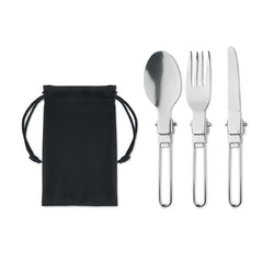 Set de Cubiertos de Acero Inox y Bolsa de RPET Reciclado con Distintivo ECO para Personalizar Especial Camping y Eventos Stapi Set