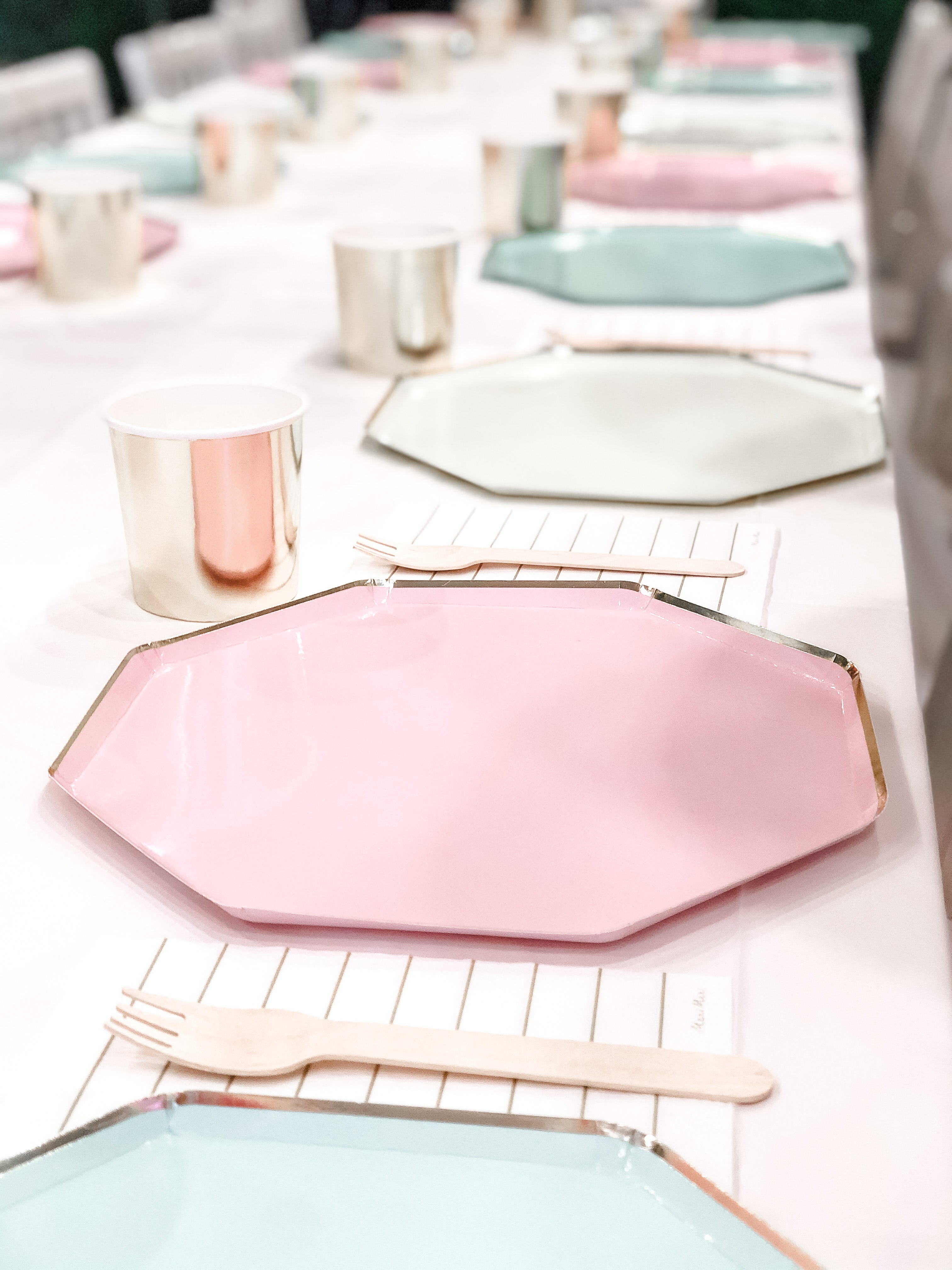 Pink, blue, and white, table settings