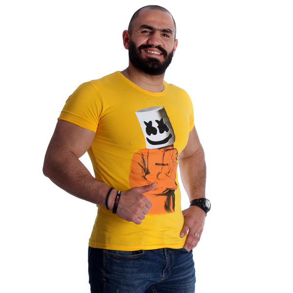Men Yellow Printed Round Neck T-shirt -7001