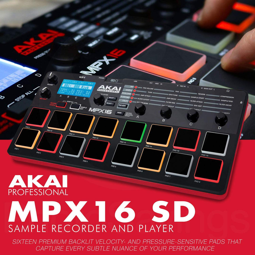 Akai Professional MPX16 SD Sample Recorder and Player + 32GB + Cables +  Basic Accessory Bundle