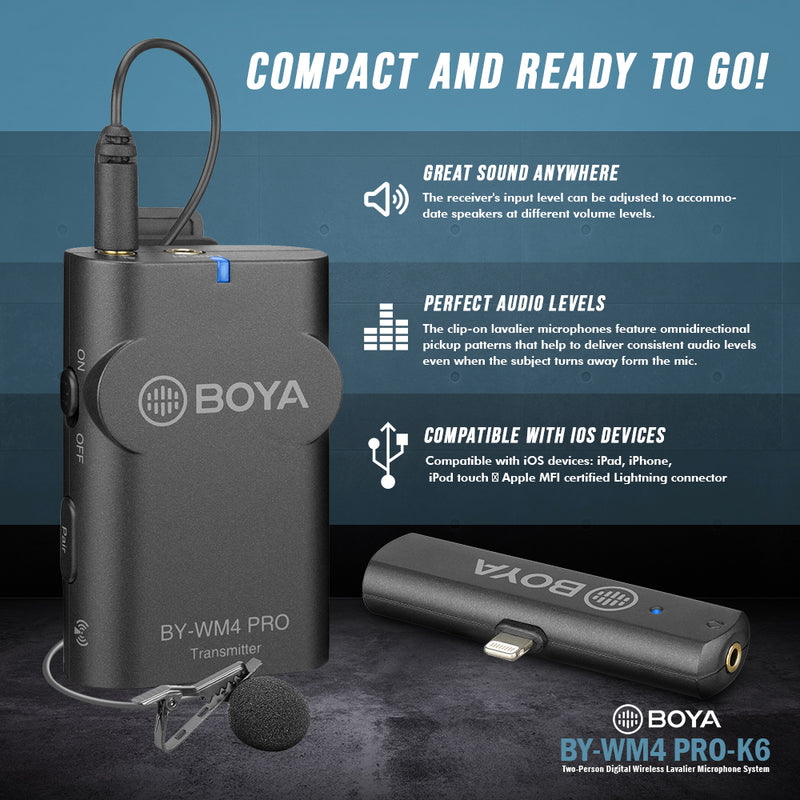 Boya Omni Lavalier Microphone System for iOS Devices (BY-WM4 PRO-K4) w/ Dual-channel Receiver is part of a Basic Accessories Bundle that Includes Batteries and more
