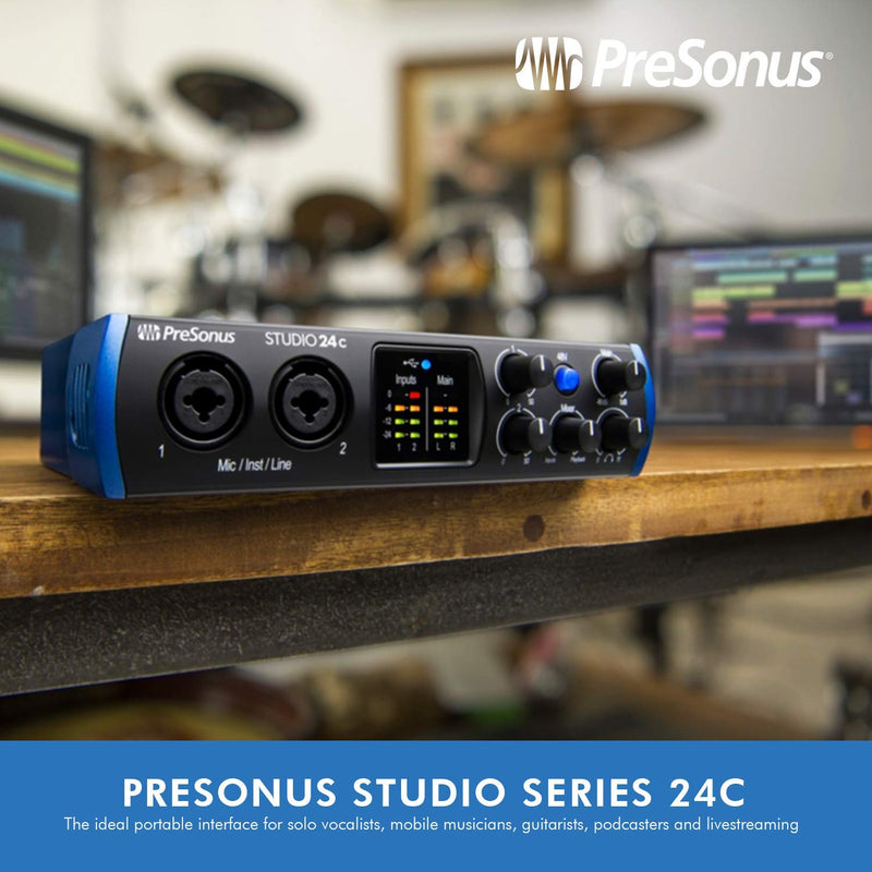 PreSonus Studio 24C USB-C Audio MIDI Interface + SR360 Over-Ear Dynamic Stereo Headphones, Q6 Dynamic Handheld Microphone, Microphone Stand, Cables and Fibertique Microfiber Cleaning Cloth