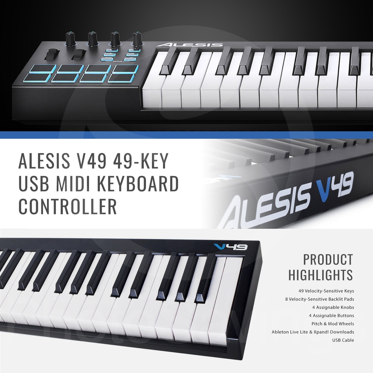 Alesis V49 49 Key Midi Keyboard Drum Pad Controller With Samson