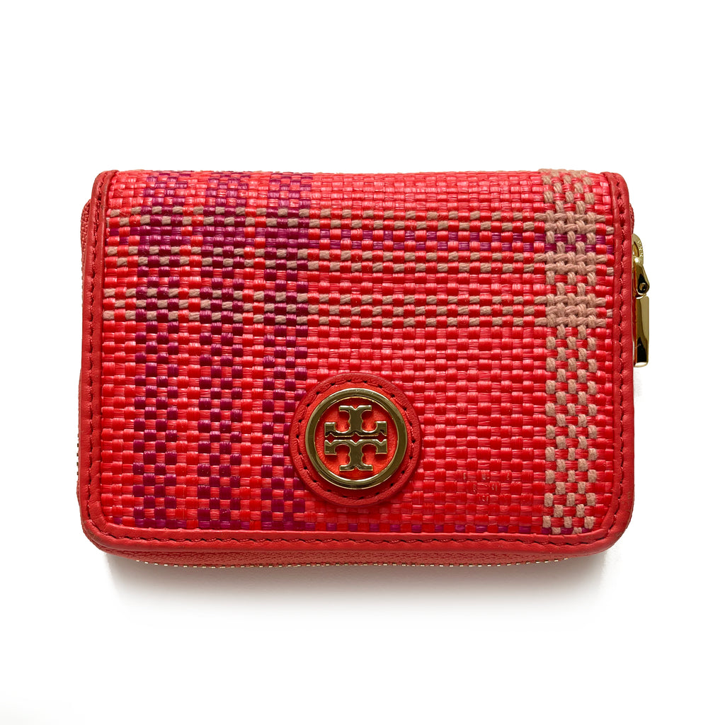  - Tory Burch Woven Coral Compact Zip Wallet