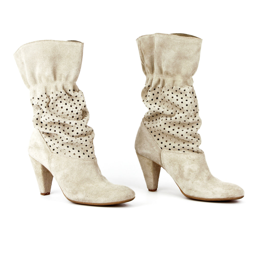 LUXUCA.COM - Custom Italian Slouchy Perforated Ivory Suede Boots sz 7