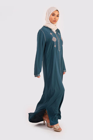 petrol blue hooded djellaba kaftan