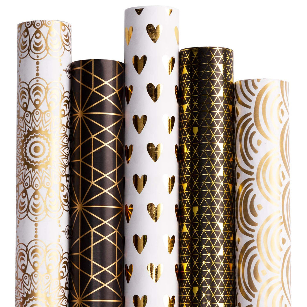Gift Wrapping Paper roll-White and Black with Gold Foil Pattern for We