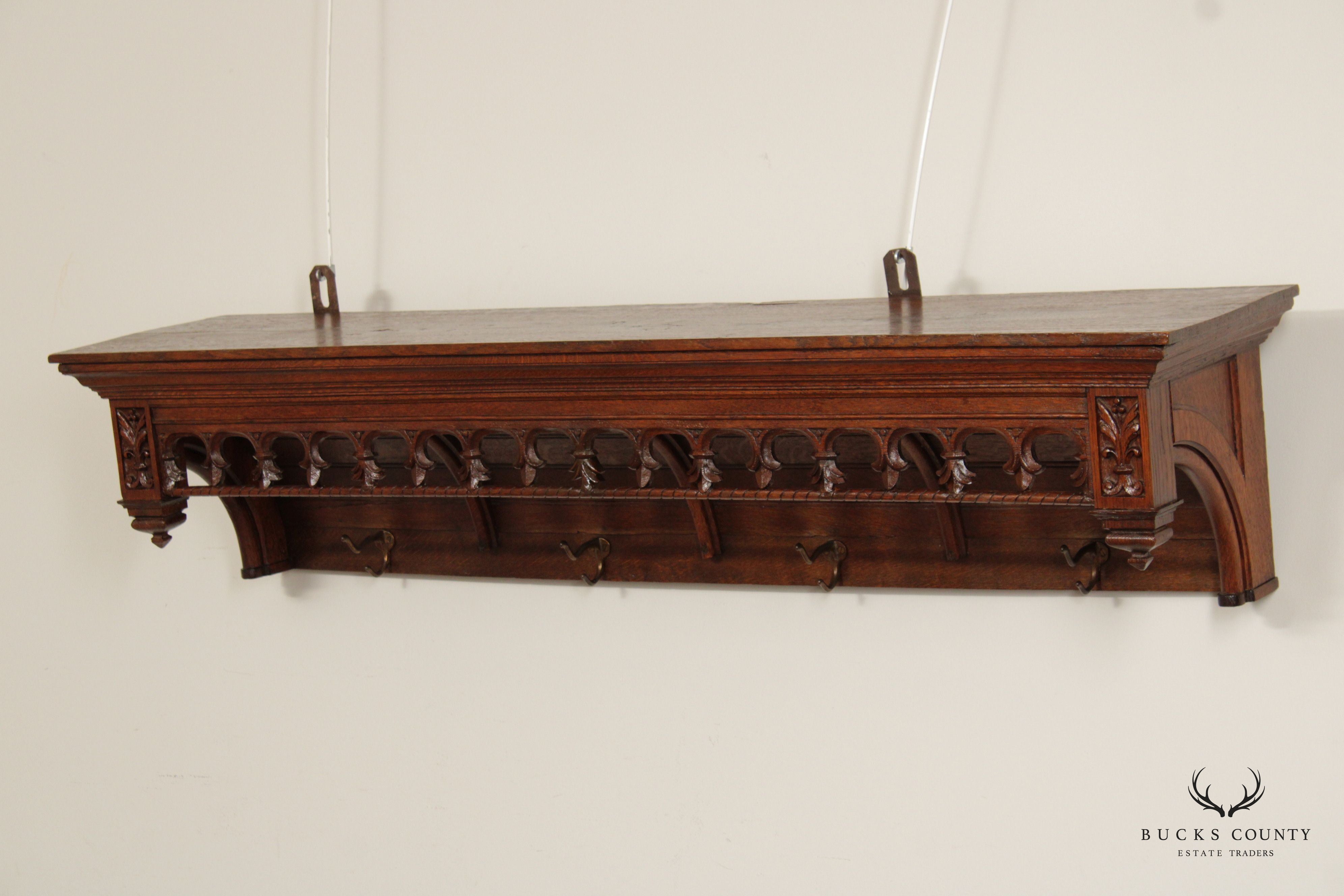 Wall Shelf and Coat Rack in Antique French Gothic Revival Style, Carved from Oak