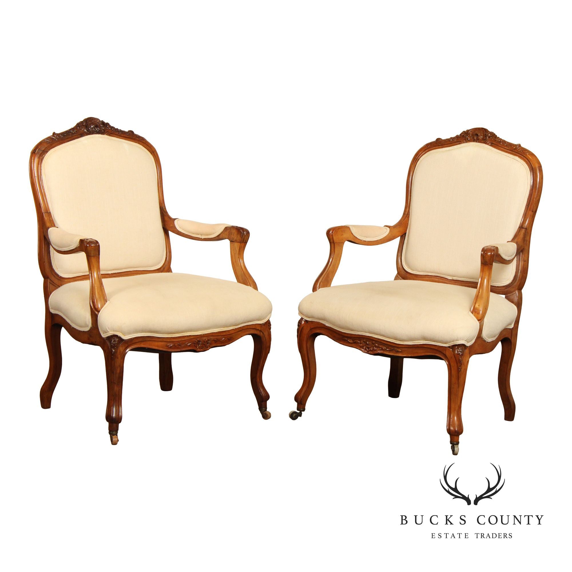 Pair of Antique French Louis XV Style Carved Walnut Fauteuil Armchairs
