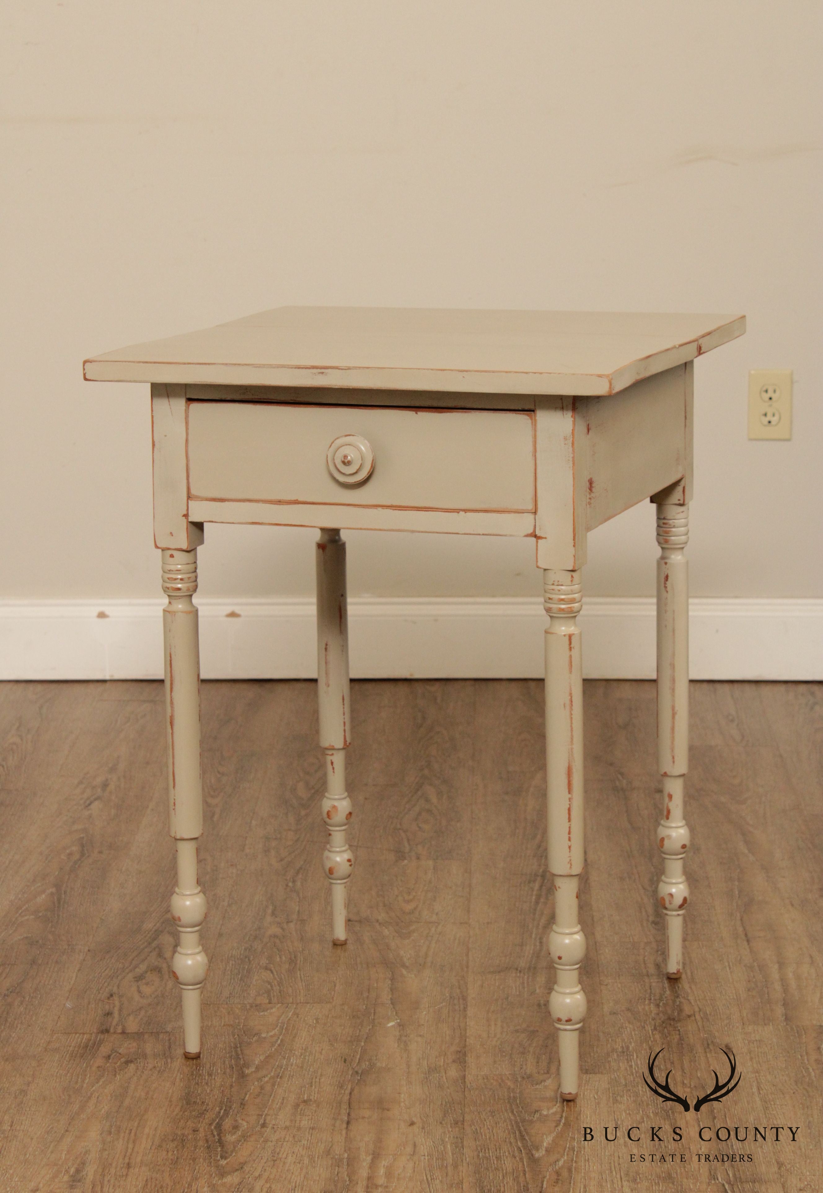 Antique Country Sheraton Side Table with One Drawer and a Custom Grey Finish