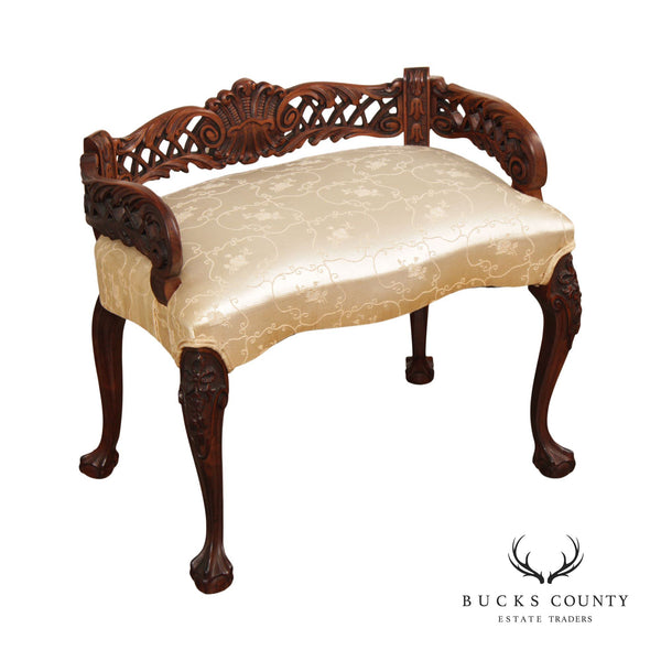1930’s Vintage Rococo Style Carved Mahogany Custom Upholstered Loveseat Bench