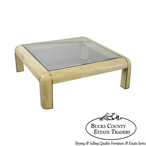 Maitland Smith Large Square Tessellated Stone Brass Glass Top Coffee Table