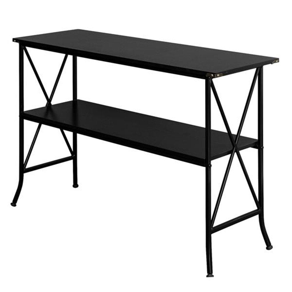 Artisasset Black MDF Countertop Black Wrought Iron Base 2 Layers Console Table Bookshelf Iron Shelves