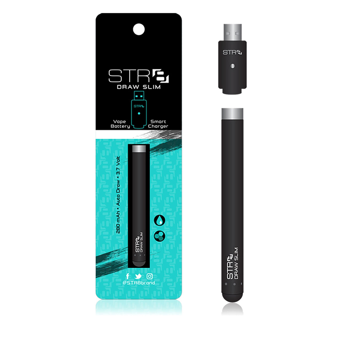 STR8 Auto Draw Slim Black 280mAh Vape Battery w USB Charger