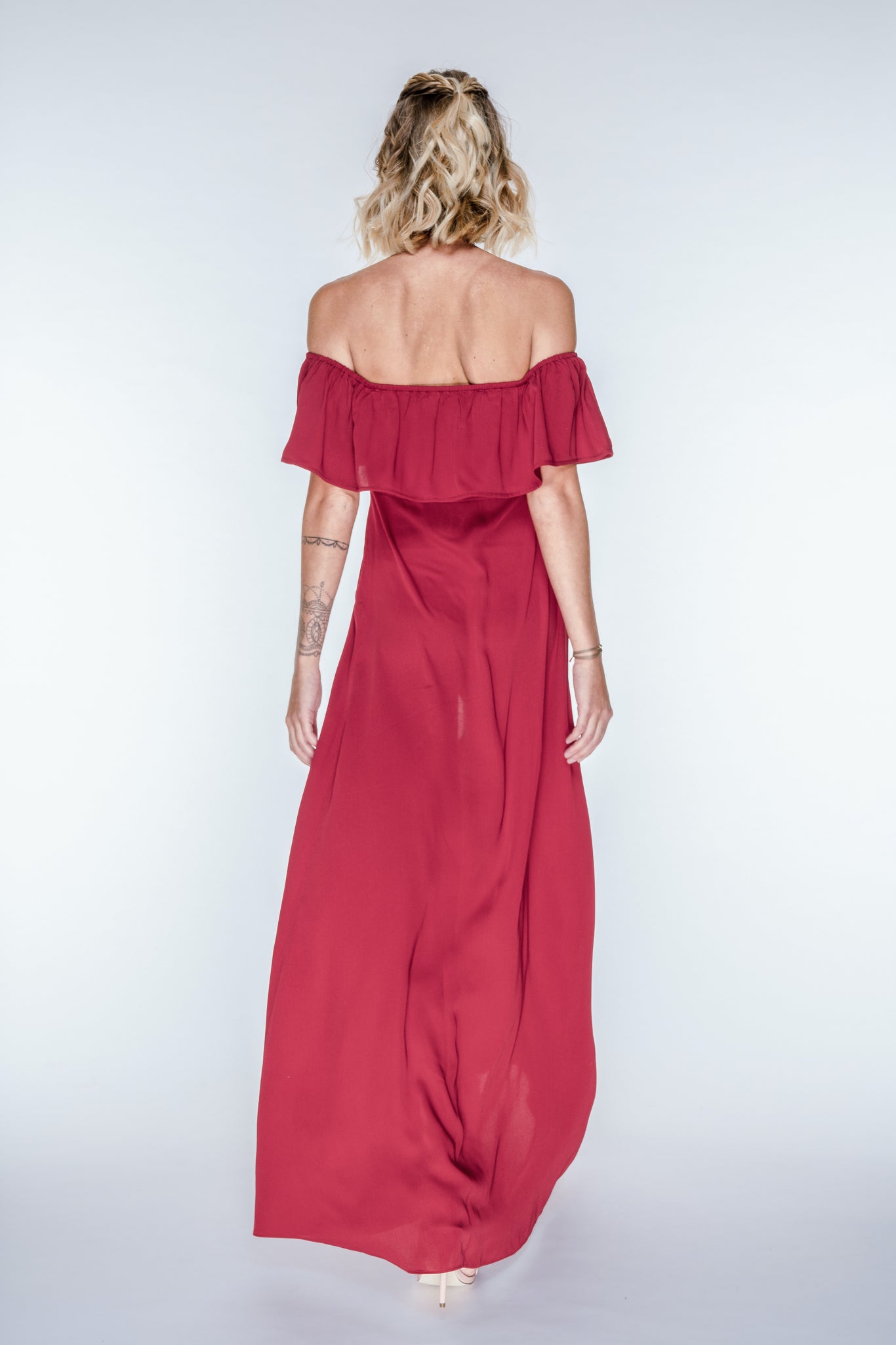 red maxi dress off the shoulder