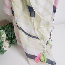 Pink, Grey and Mint Green Striped Scarf with Tassels