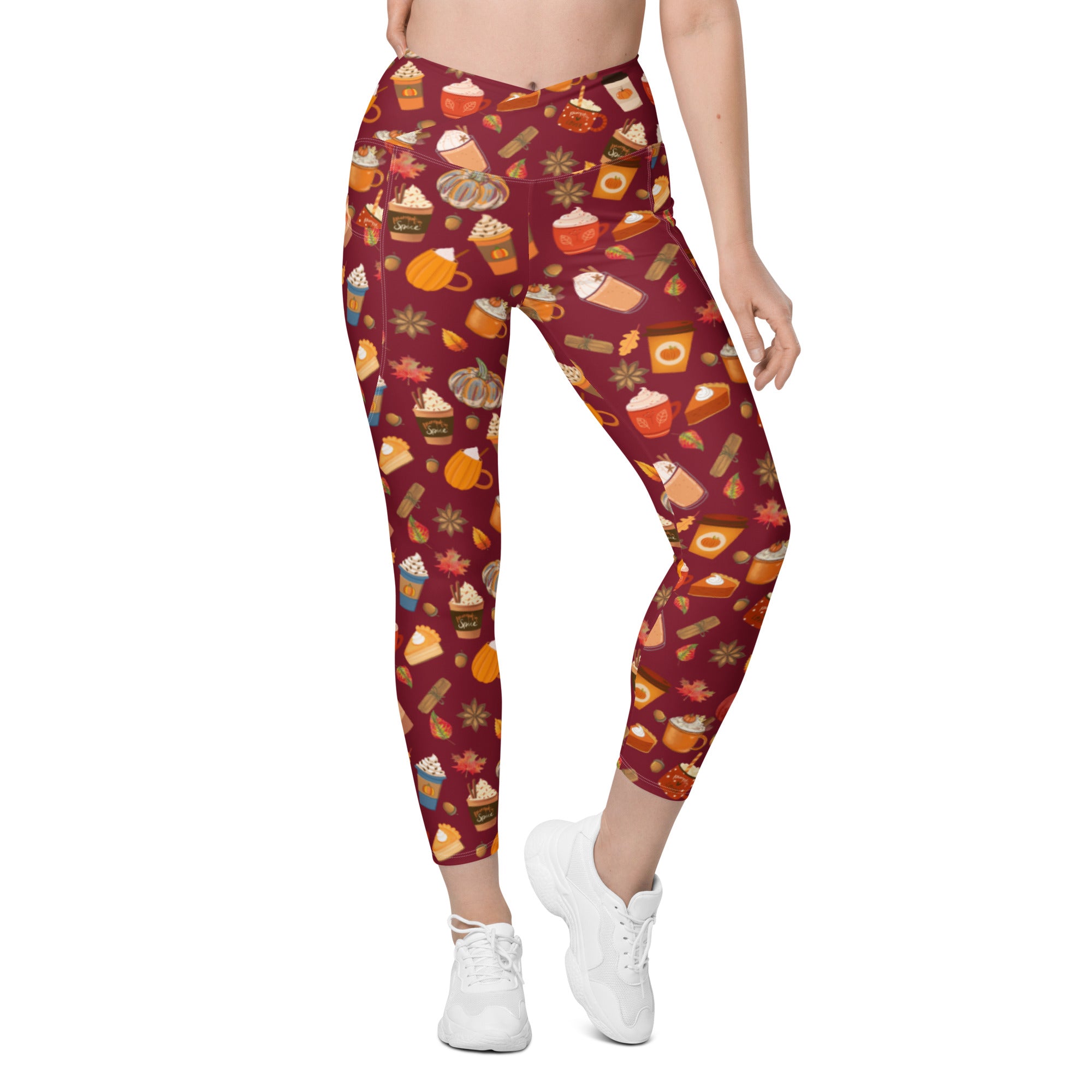 Pumpkin Spice Latte Maroon Crossover Leggings With Pockets – Faith