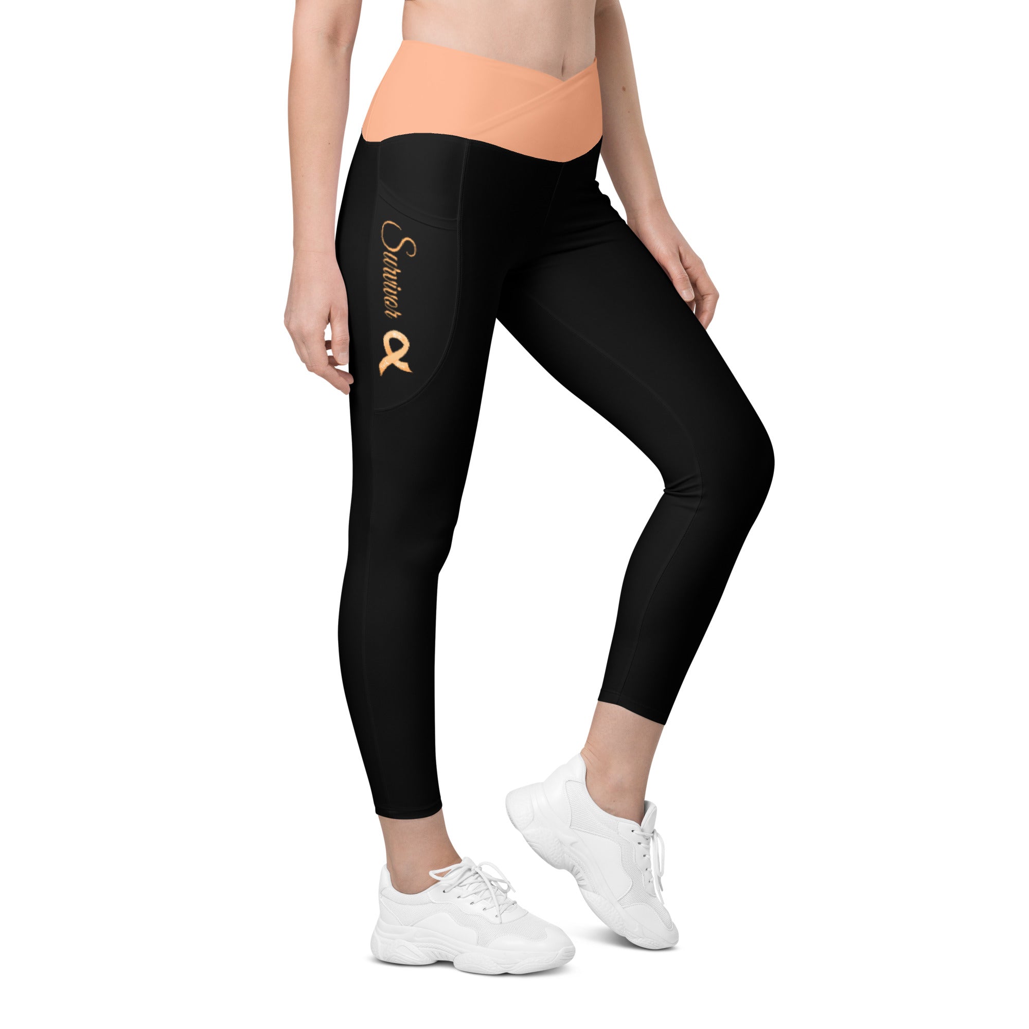 Uterine Cancer Survivor Crossover Waist Leggings with Pockets  (Black/Peach)