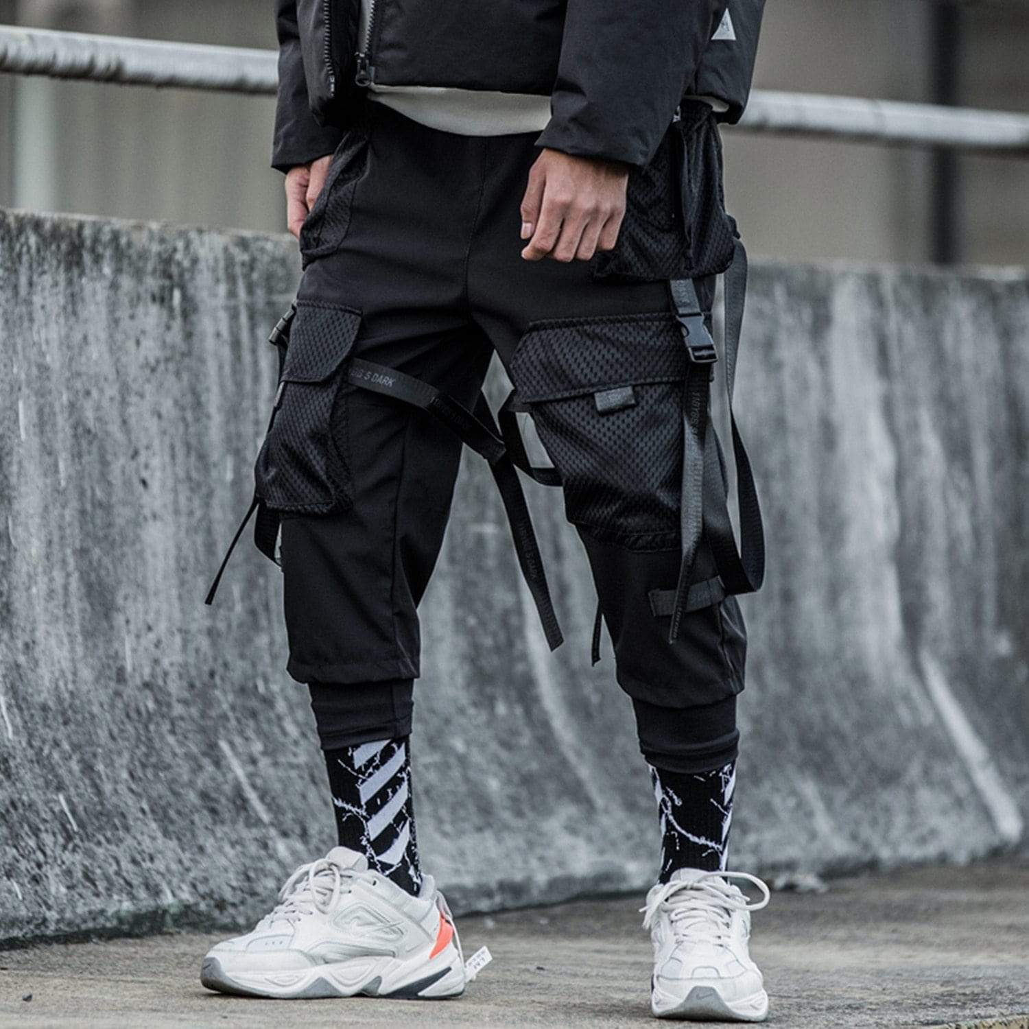 black joggers with straps