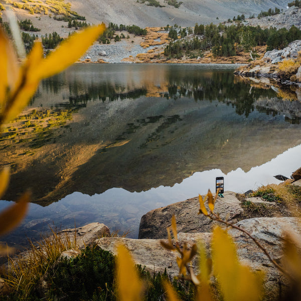 landscape lake mountains California foreground plants pocket tripod holding iPhone 