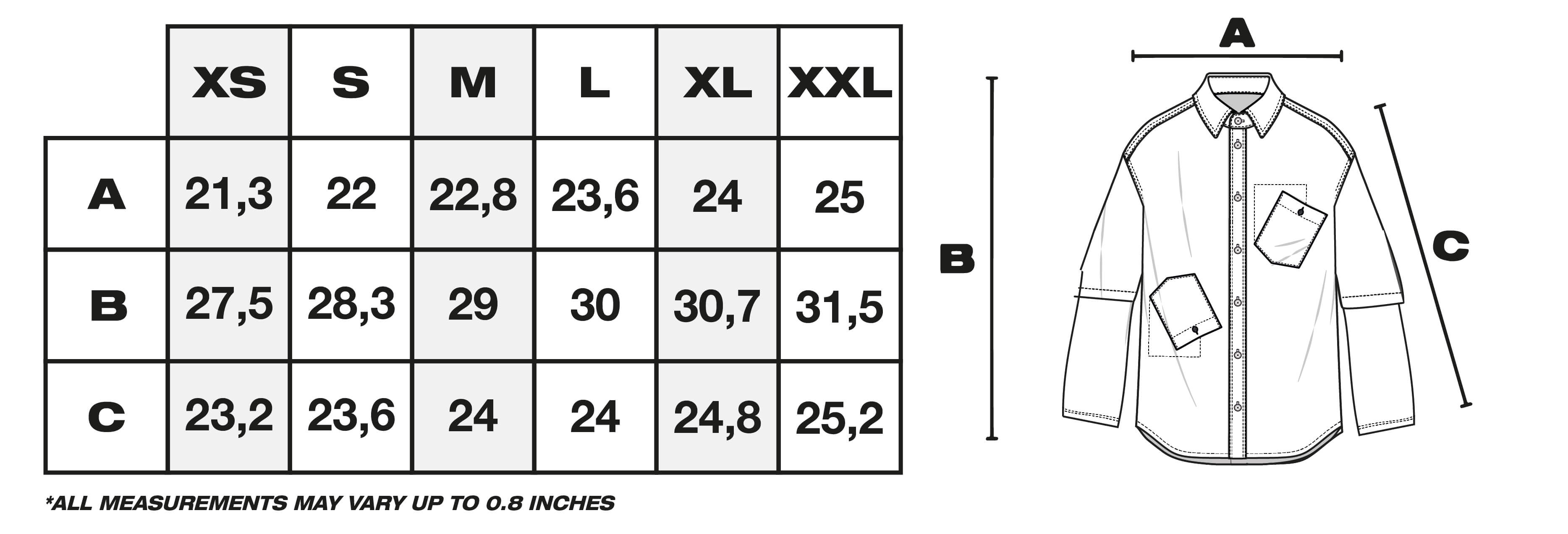 Size Guide in Inches