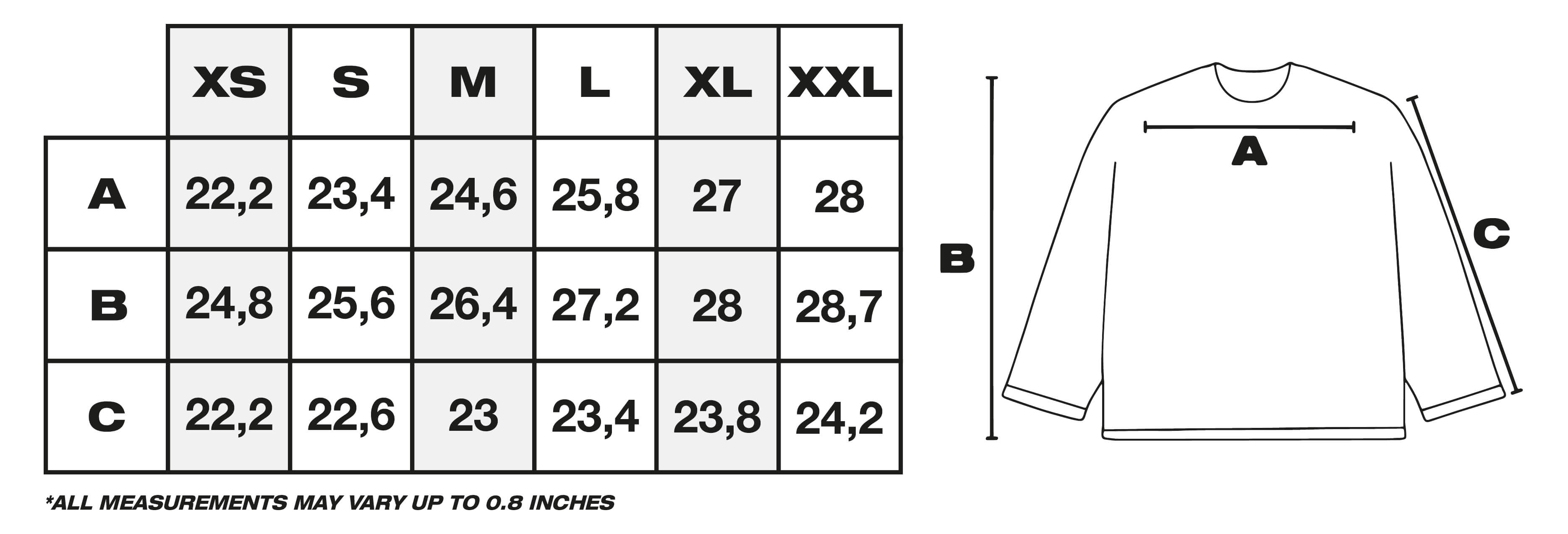 Size Guide in Inches