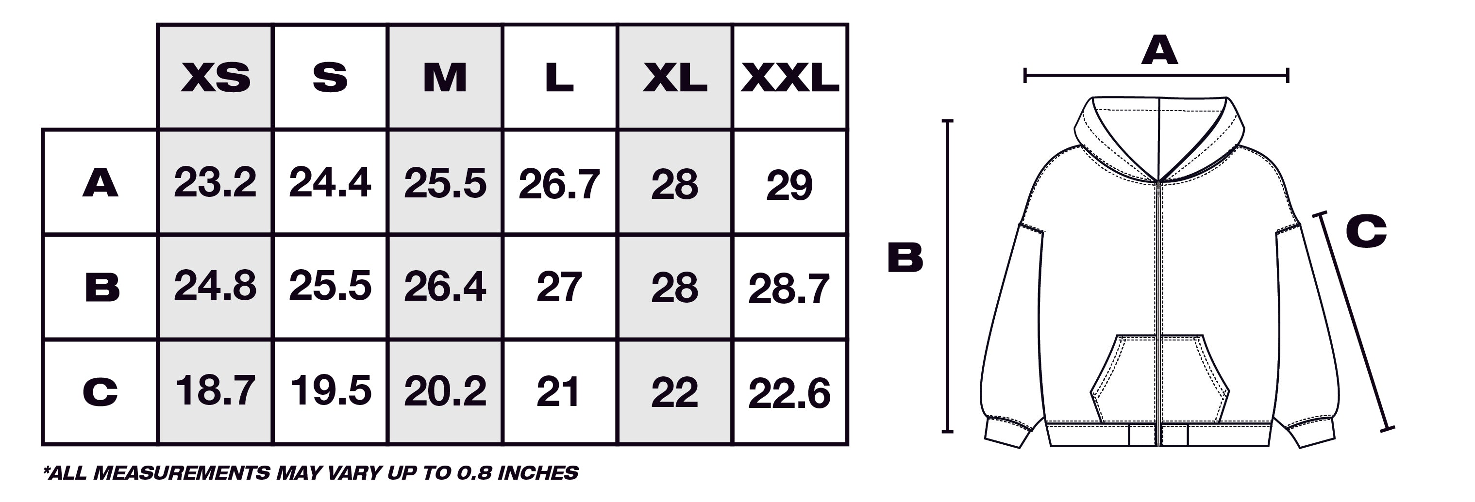 Size Guide in Inches