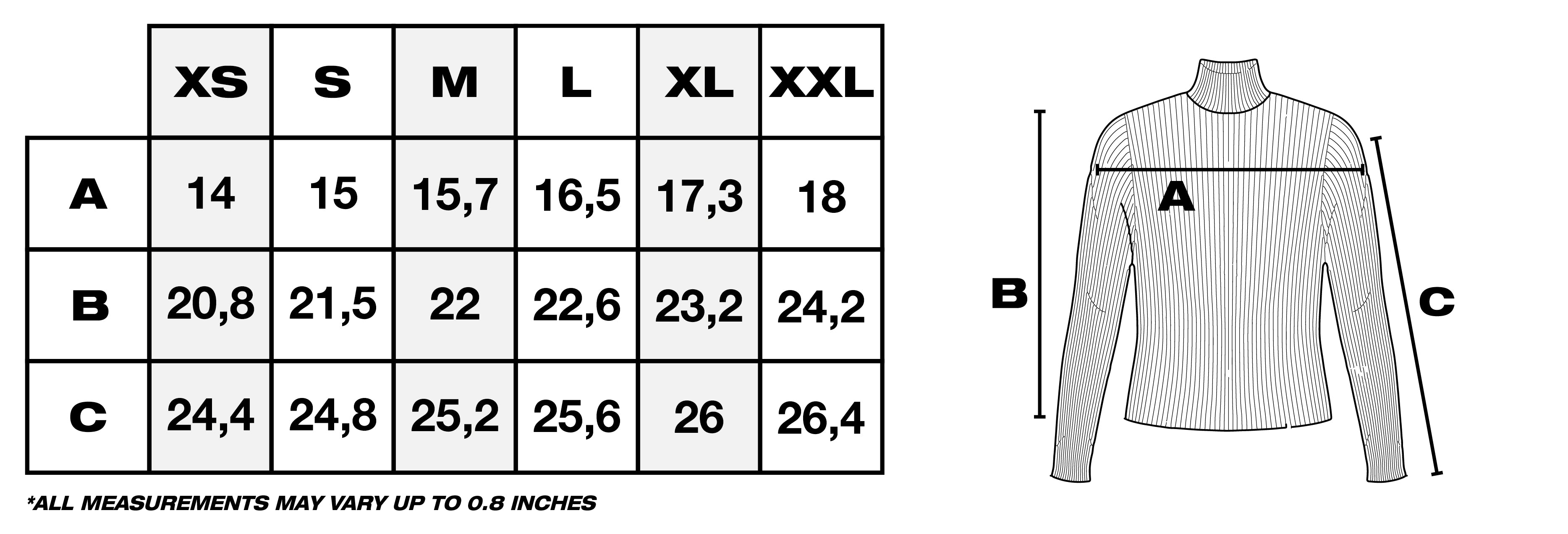 Size Guide in Inches