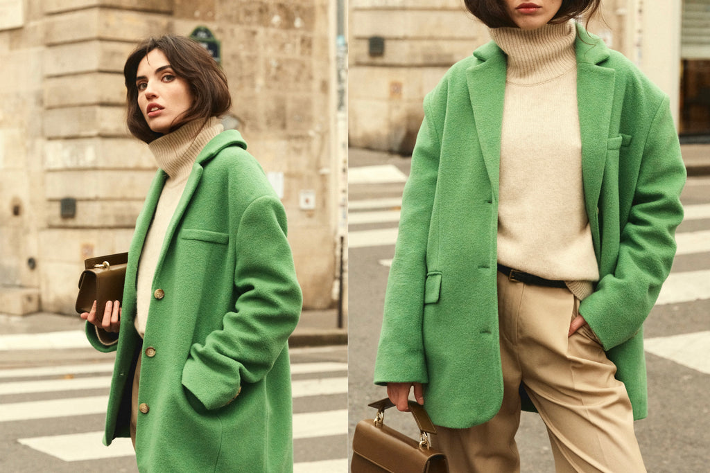 coat - women - outerwear - green; cashmere - merino - turtleneck sweater - high collar - milk