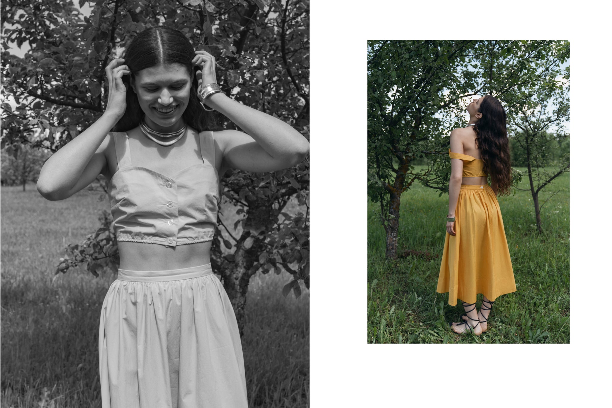 women - yellow - midi - cotton - skirt - top - set - summer