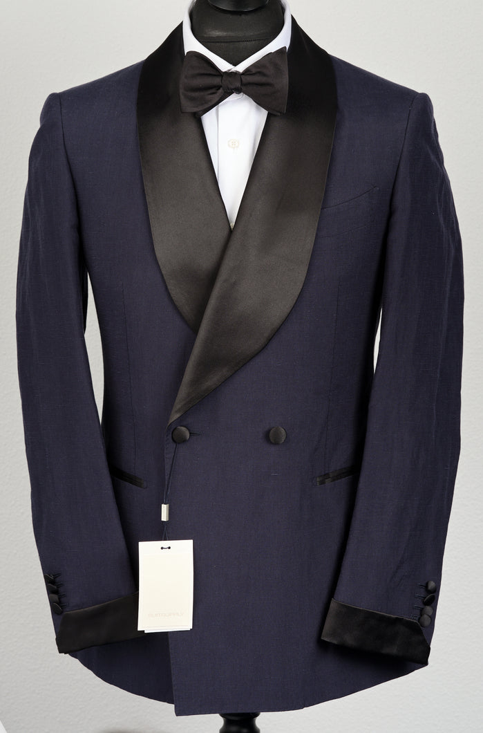 New Suitsupply Washington Navy Blue Linen and Mulberry Silk DB Shawl Tuxedo - Size 40R