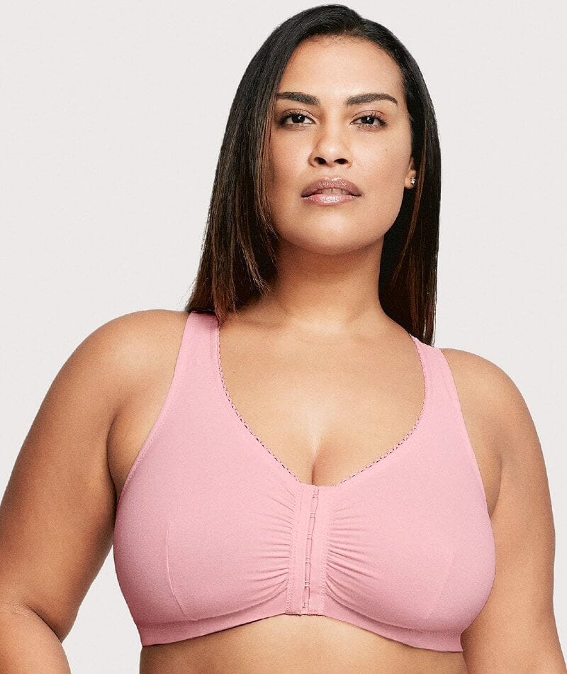 Glamorise Front-Closure Cotton T-Back Wire-free Comfort Bra - Pink