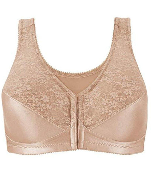 Collections Etc Front Hook Closure Stretchy Fabric Comfort Sleep Bra 50  Beige