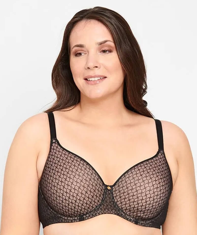 YOURS Curve Black Flocked Floral Mesh Padded Underwired T-Shirt Bra