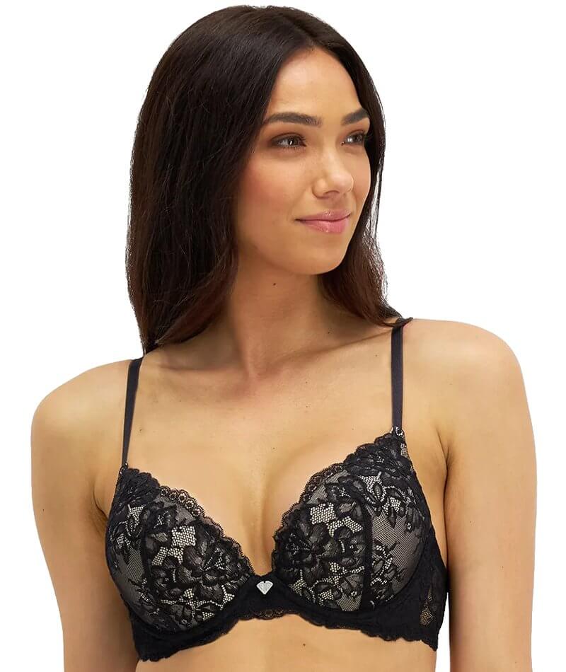 Women'secret lace padded push up longline bra with V- wire detail in black