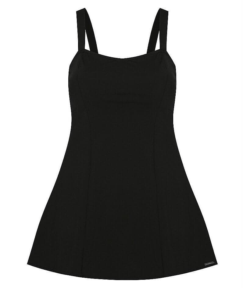 Capriosca Chlorine Resistant Panelled Wide Strap Swim Dress - Black - Curvy