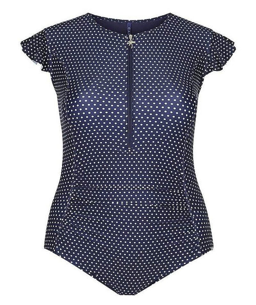 Capriosca Frill Sleeve One Piece Swimsuit - Navy & White Dots - Curvy Bras