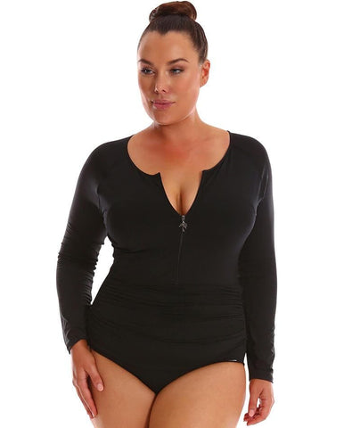 Capriosca Chlorine Resistant Long Sleeve Zip One Piece Swimsuit - Black