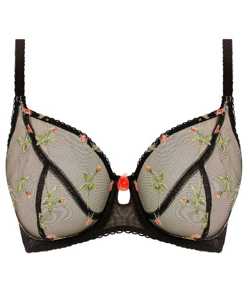 Freya Loveland Bra Black Floral Size 34D Underwired Plunge Sheer