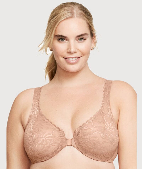 Glamorise WonderWire Front-Closure Stretch Lace Bra - Cappuccino - Curvy