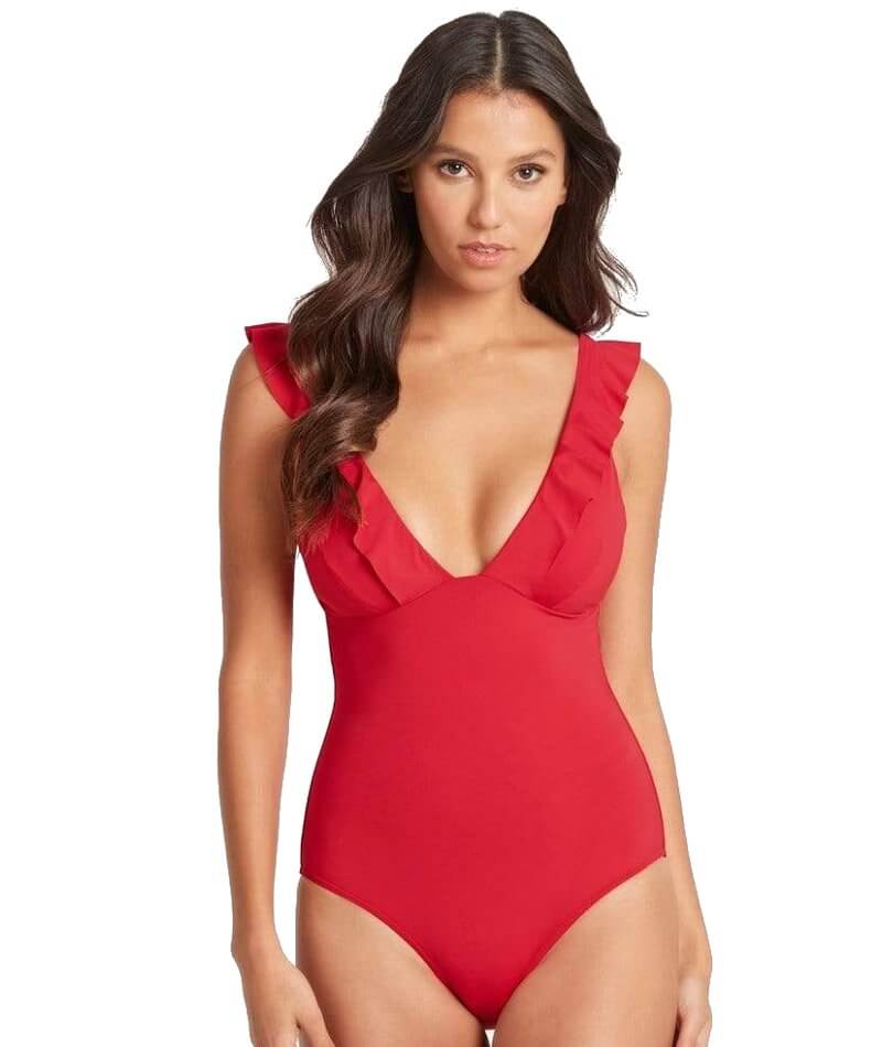 Sea Level Essentials Frill One Piece Swimsuit - Red - Curvy Bras