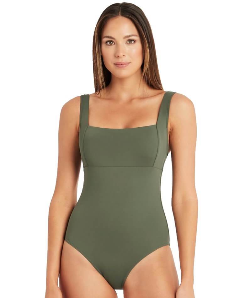 Swimwear Green Solid Square Neck Sleeveless Tankini Swimsuit
